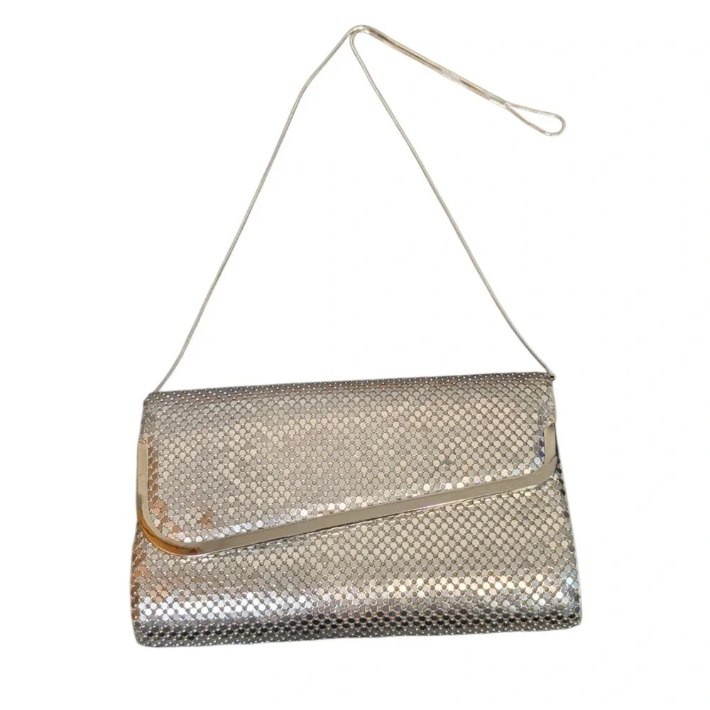 Vintage Silver Metal Mesh Evening Clutch Shoulder Bag Formal Wedding Bag